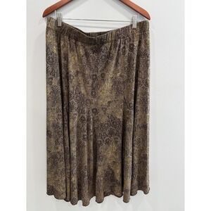 Chico's 3 Sz XL Brown Gold Damask Print Midi Skirt Elastic Waist Fall Boho Artsy